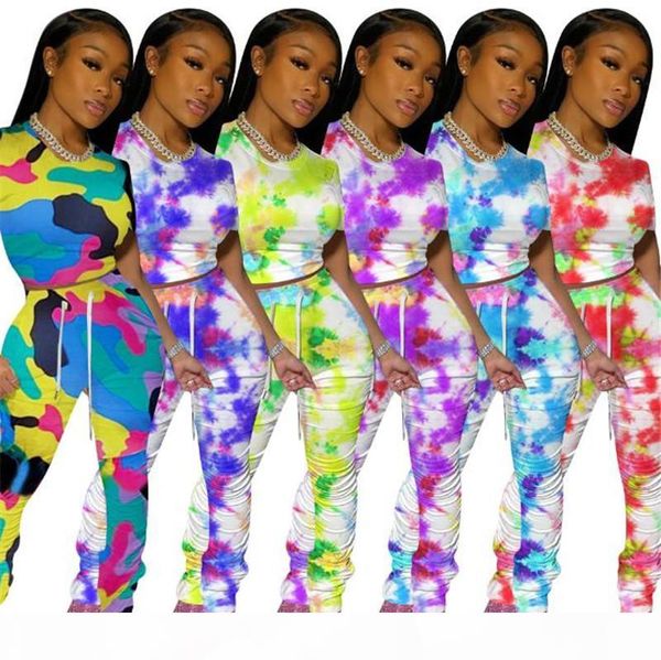 

women two piece outfits summer tie dyed designer clothes 2pcs clothing sets womens 20ss designer tshirts stacked leggings pants suits, White
