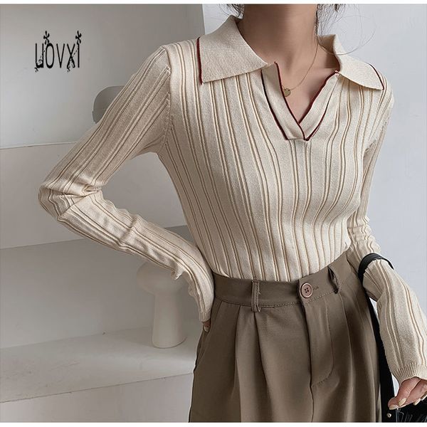 

slim 2020 korea dongdaemun polo lapel sweater retro autumn thin office and pullover women's temperament south ltoqq