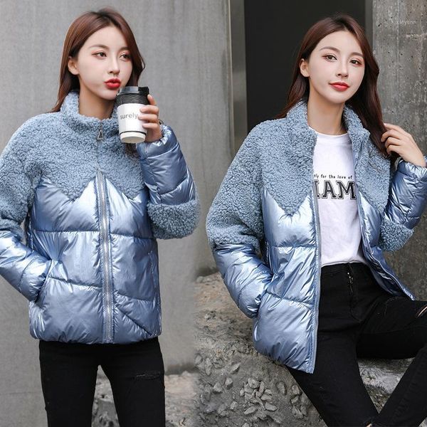 

diwish 2019 winter jacket woman short fashion glossy plus size loose warm parka female hooded winter coat lambswool patchwork1, Black