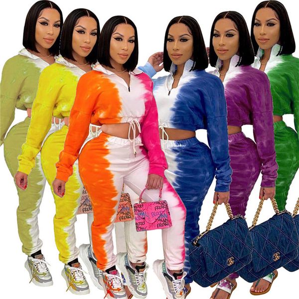 

gradient tie-dye women tracksuit long sleeve crop turn-down collar half zipper sweater+legging pants two piece suit outfits d102604, White