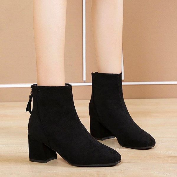 

med heel boots winter shoes for women luxury designer boots-women zipper 2021 autumn fashion ankle rubber ladies rock square, Black