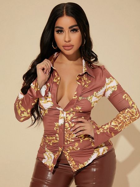 

sxy baroque print ruched button front tee w55m#, White