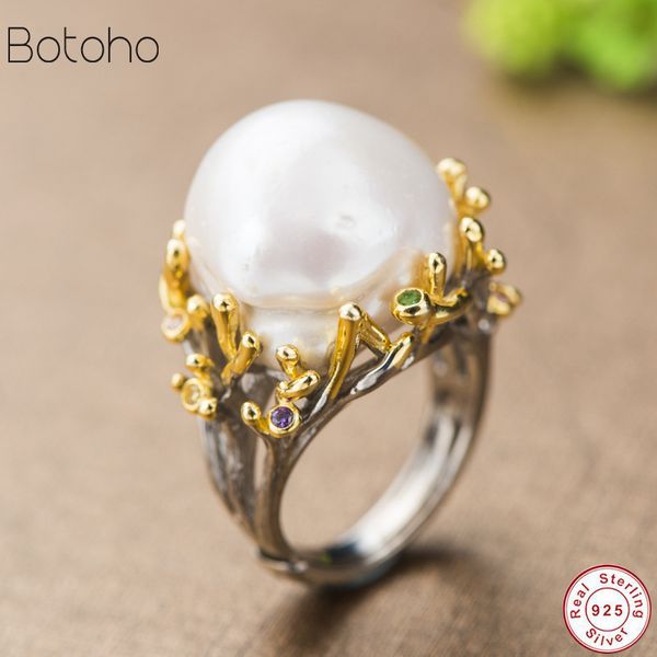 

new pearl ring real 100% s925 sterling silver exaggerated creative flower natural freshwater pearl rings for women men jewelry, Golden;silver