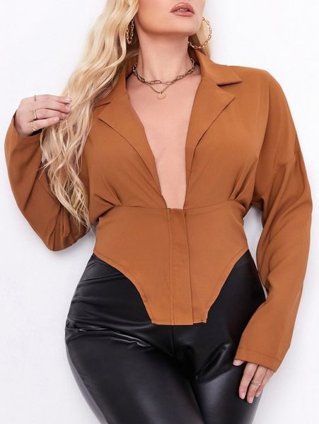 

plus lapel neck asymmetrical hem blouse f7mv#, Black