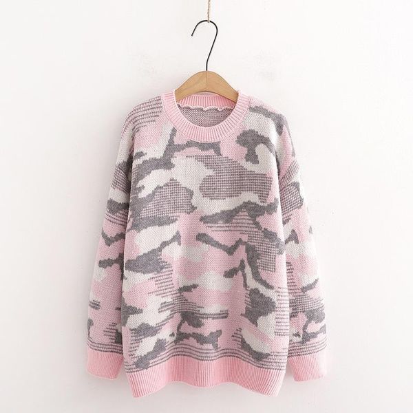 

women's sweaters camouflage printed knitted sweater 2021 autumn and winter long-sleeved round neck loose pullover top, White;black