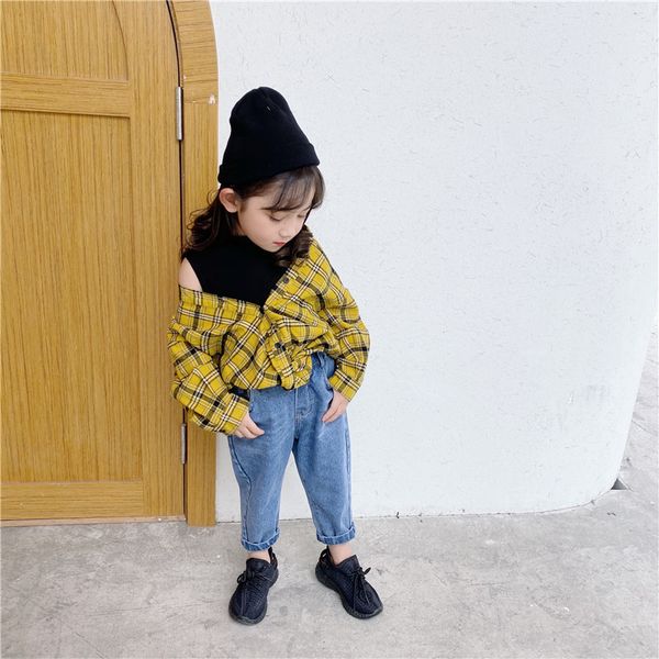 

spring new arrival korean style cotton casual plaid shirt with bottoming sleeveless t for fashion cute baby girls lj200813, White;black