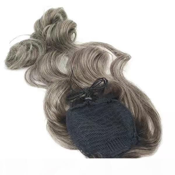 

aesthetic gray human hair ponytail body wave grey bundle salt and pepper hair extension with drawstring clip in140g, Black