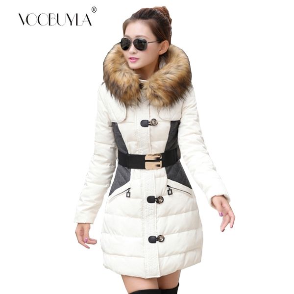 

fashion clothing fur hooded zipper long style women warm coat winter parkas coat patchwork belt slim parka thick warm snow wear 201017, Black