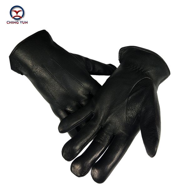 

chingyun2020 leather real men' black decorative stripes winter super warm wool drawstring gloves, Blue;gray