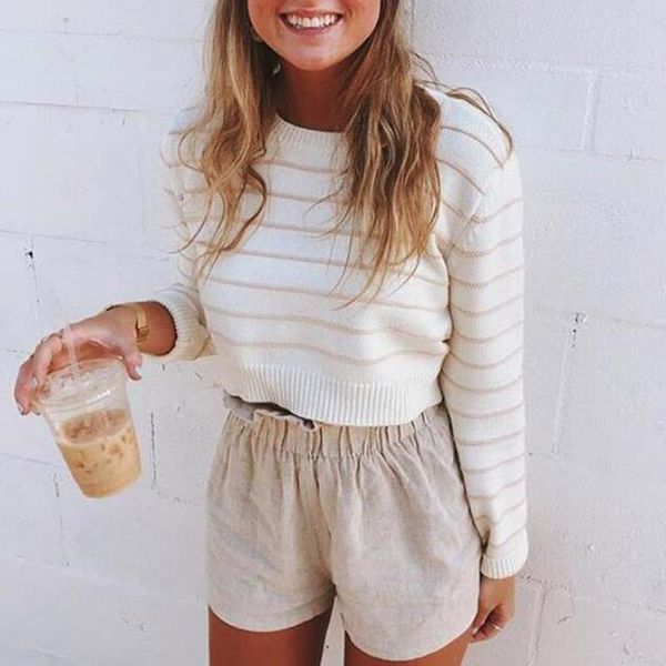 

autumn spring women's o-neck sweater casual short knitted long sleeve female stripe ladies pull femme, White;black