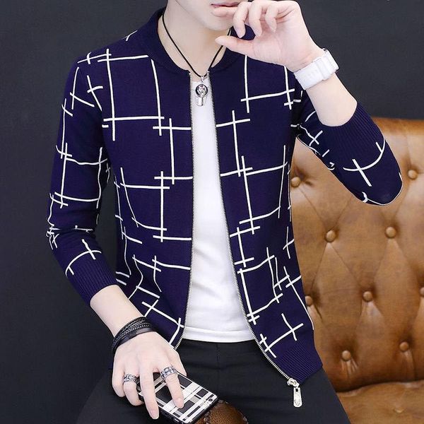 

men's knitted cardigan coat zip stitching sweater casual jacket top, White;black