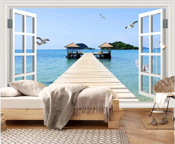 

wallpapers wdbh custom po 3d wallpaper scenery outside the window seagull wooden bridge home decor living room for wall 3 d1