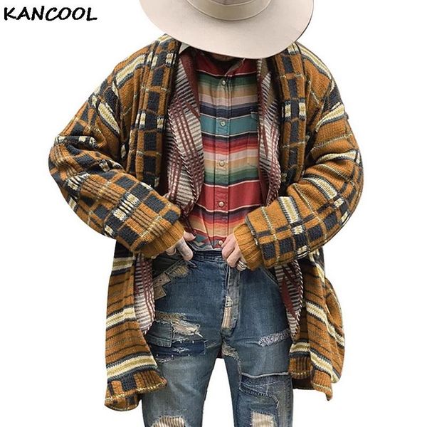 

kancool men cardigan sweater men long sleeve vintage long sweater coat plaid print autumn casual cardigans new limited genuine, White;black