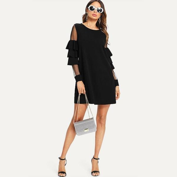 

vintage women dress summer o neck long sleeve a line ladies casual loose mini dress sundress party vestidos, Black;gray
