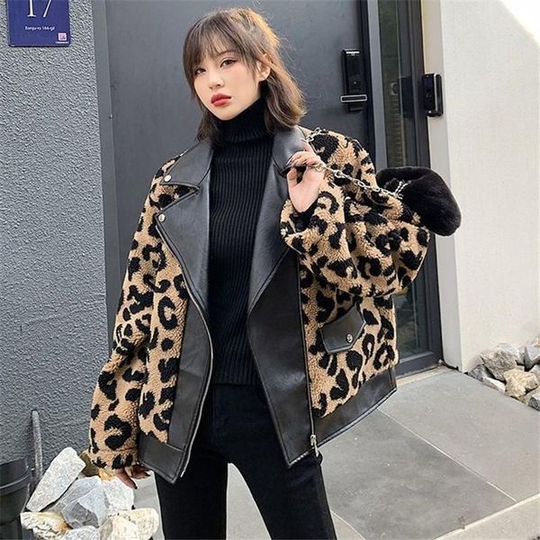 

women's fur & faux lamb wool coat female spring and winter style korean loose thick leopard woolen jacket motorcycle clothing parkas, Black