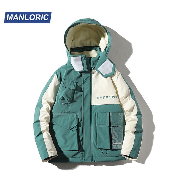 

manloric patchwork pocket hooded men's winter down jacket regular 90% white duck down thick warm casual down coat, Black