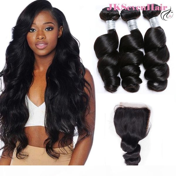 

12a grade loose wave brazilian virgin hair bundles 3pcs with 4x4inch lace closure indian peruvian malaysian hair weaves with closure, Black