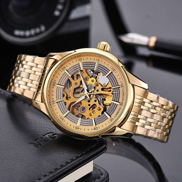 

hollow fashion high grade gold brand all out waterproof business men's automatic mechanical watch steel band watch, Slivery;brown