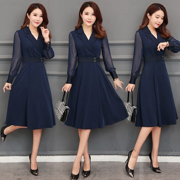 

gpnrw 2020 autumn a-line closing mother new dress skirtaline skirt dressfemale v-neck and sleeve dress with waist style long thin mid long s, Black;gray