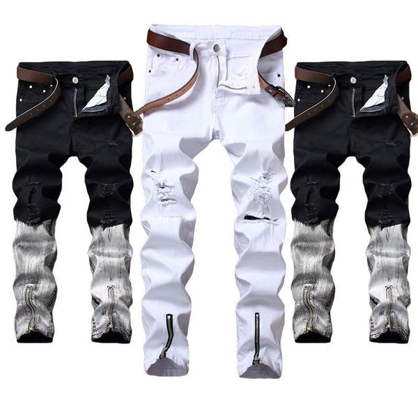

new fashion men biker jeans ripped denim slim fit motorcycle pant classic hip hop skinny casual autumn stretch jeans 2colors, Blue