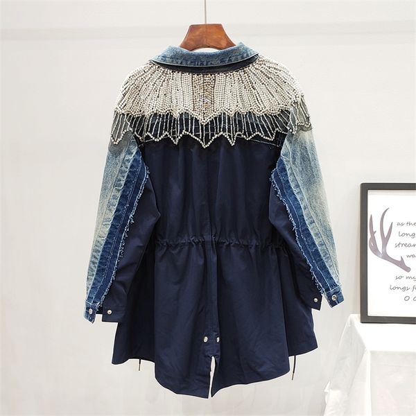 

[ewq] trench coat outwear long-sleeved shoulder diamond beaded denim stitching waist drawstring coat women windbreaker lj201128, Tan;black