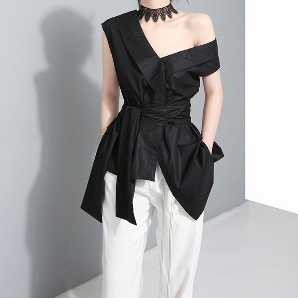 

women's polos blouse summer niche design sleeves with large bow irregular oblique shoulder women, White