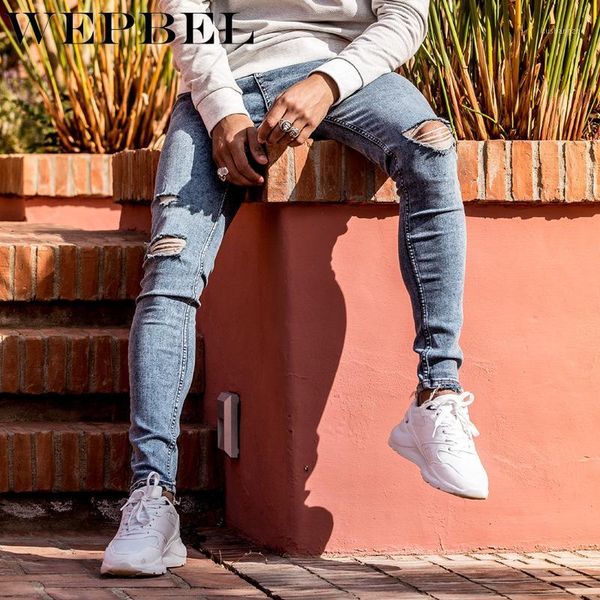 

wepbel men's fashion skinny pant casual ripped hole jeans slim denim pants pencil denim trousers1, Blue