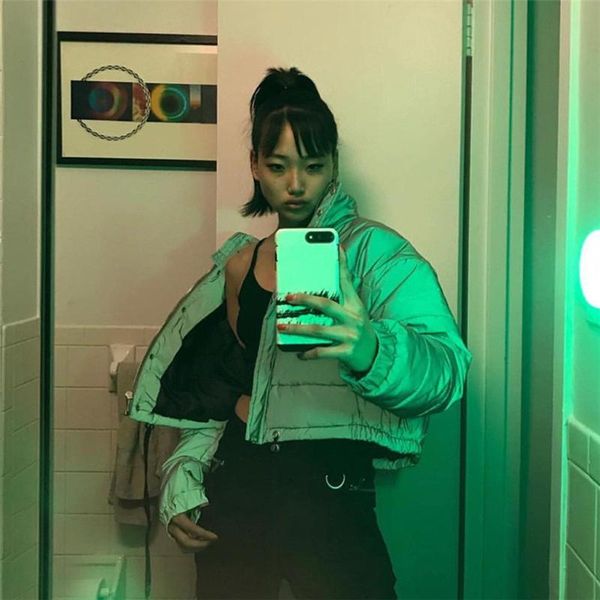 

reflective gray zipper women jackets long sleeve button loose thick cropped jackets streetwear coat winter 2021 #n, Black