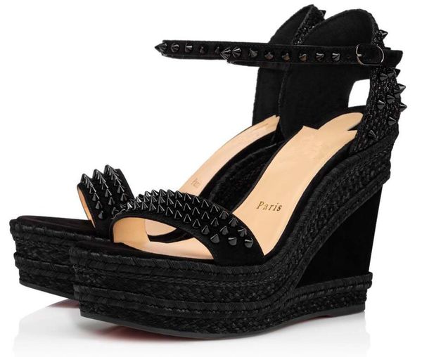 

[originals box] luxury designer lady red solel pumps wedges sandals madmonica spikes elegant women rivet ankle strap high heels design weddi, Black