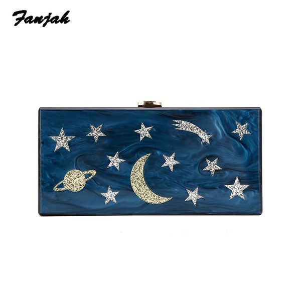 

acrylic pearl dark blue star moon handbag women wedding clutch lady party purse crossbody shoulder messenger bag