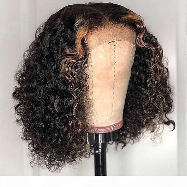 

150% curly bob wig m1b 27 ombre color human hair wigs 4x4 closure wig for women remy brazilian hair baby pre plucked, Black;brown