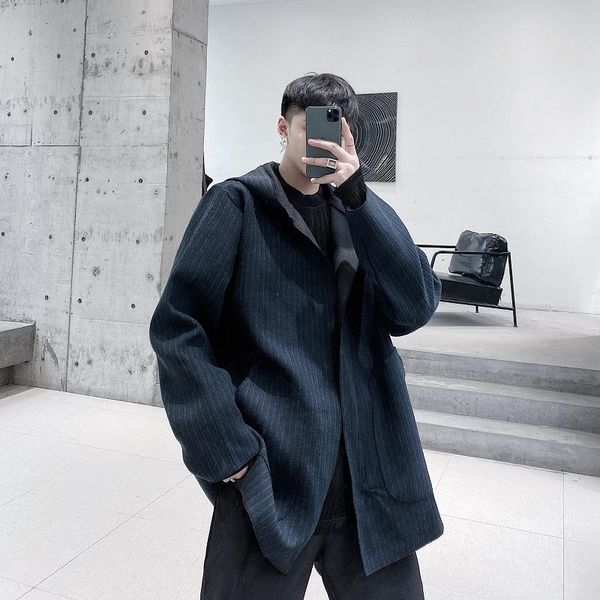 

men autumn winter woolen hooded trench coat outerwear male streetwear loose cardigan windbreaker jacket overcoat, Black