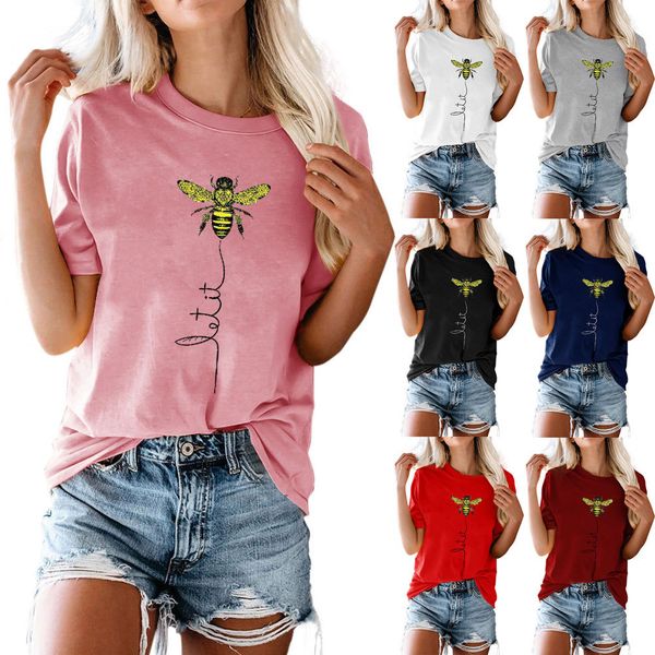 

risjc ruisi jichuang women's little bee letter round neck short sleeve t-shirt, Black;brown
