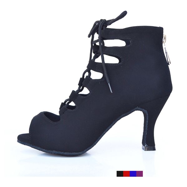 

2021 new woman flannel latin black red soft bottom ballroom latino shoes for party high heel ankle dance sandals obbp