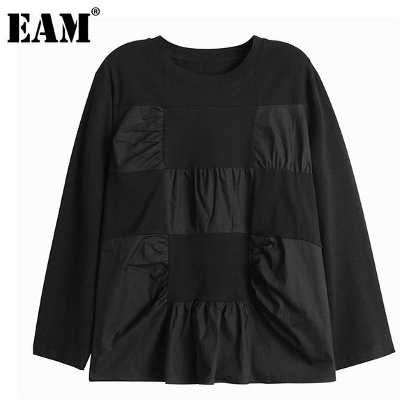 

[eam] women black square split joint temperament t-shirt new round neck long sleeve fashion tide spring autumn 2020 1z451, White