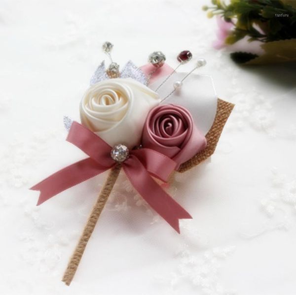 

custom 1 set wedding groom boutonniere ivory with pin dark pink wedding bride wrist corsage bridesmaids hand flower1