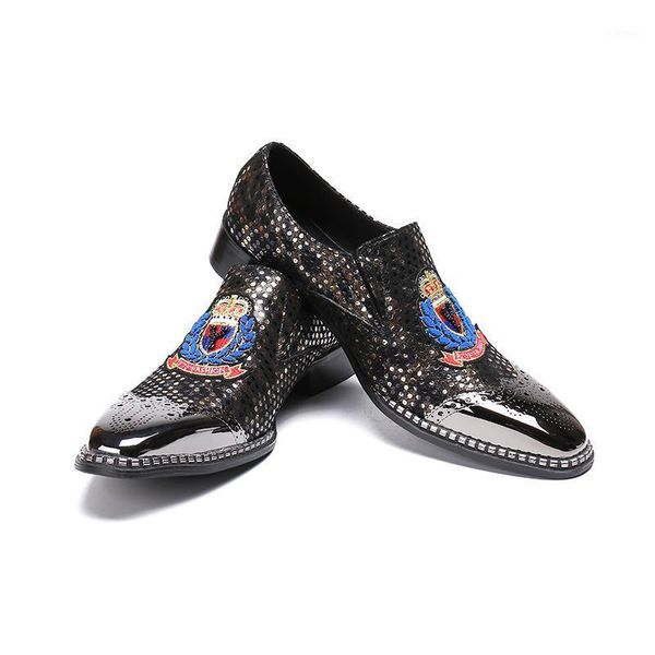 

new men dress leather shoes pointed toe patchwork cut-outs embossed increased carved slip-on brogue shoes1, Black