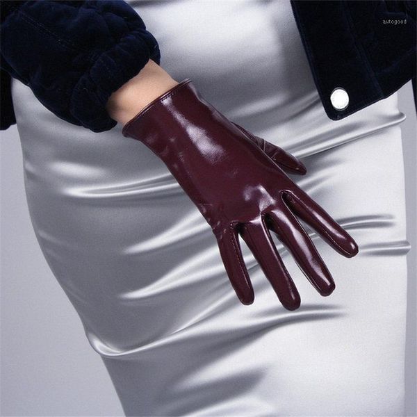 

five fingers gloves 21cm patent leather short section emulation mirror bright wine red dark purple touchscreen female1, Blue;gray