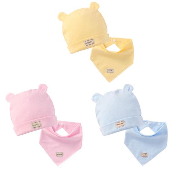 

2pcs / комплект младенца hat + нагрудники eslatic платке двухслойный хлопок baby caps мультфильм розовый желтый синий для новорожденных фото, Slivery;white