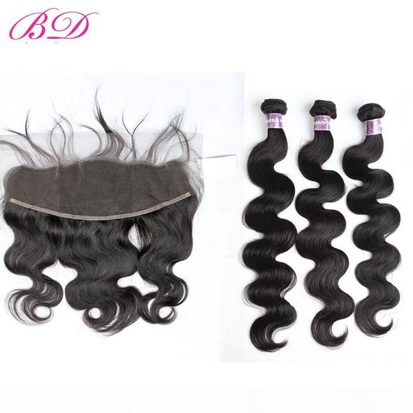 

bd peruvian body human hair malaysian brazilian indian double weft 3 bundles with 13*4.5 frontal closure with a gift for women, Black;brown