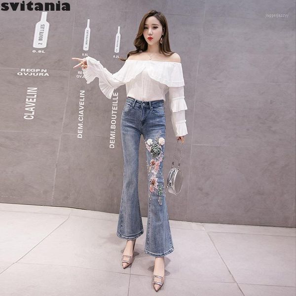 

women's jeans svitania high waisted flare pants women's slim embroidered flower jean pants1, Blue