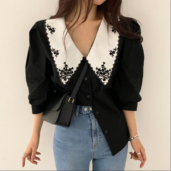 

women office turn down collar embroidery korean vintage ladies blouses elegant single breasted casual femme blusas mujer, White