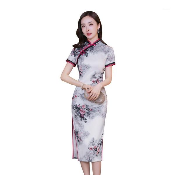 

shanghai story short sleeve traditional chinese dress floral cheongsam knee length faux silk qipao for women1, Red