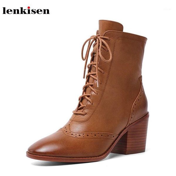 

boots lenkisen brogue carved genuine leather british high heels round toe lace up solid fashion winter keep warm women ankle l661, Black