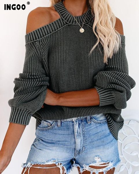 

ingoo autumn halter sweater women hollow out backless cross fashion solid jumper puff sleeve winter oversize sweaters top, White;black