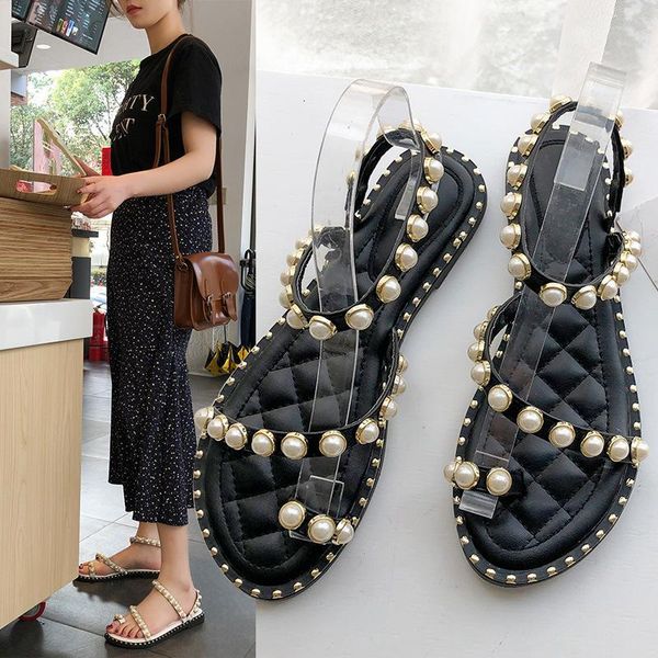 

sandals pearl joker leisure time concise cold mop with toes beach woman shoes, Black