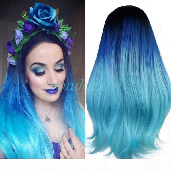 

lace wig long natural wave ombre blue long grace hair body synthetic lace front wigs for white women, Black