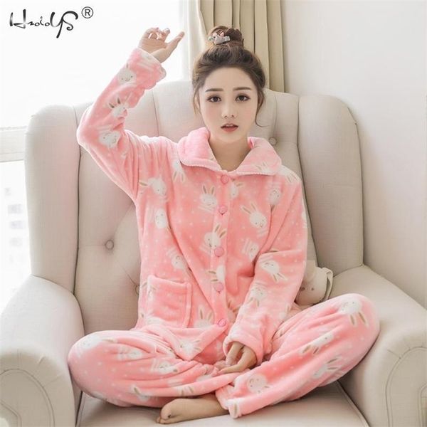 

winter pajamas set women two piece flannel thick warm and pants pajamas sets cute animal kawaii pajama sleepwear pajama suit y200708, Black;red
