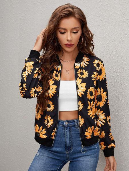 

sunflower print bomber jacket k6ru#, Black;brown