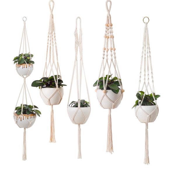 

wholesale hand-woven flower plant pots cotton rope tassel hanging net basket plant lanyard knitting hemp flowerpot for garden balcony